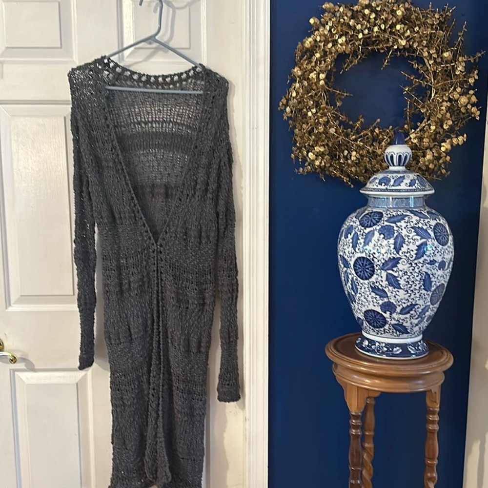 Women’s Free People Gray Crocheted Long Cardigan Duster Size Large